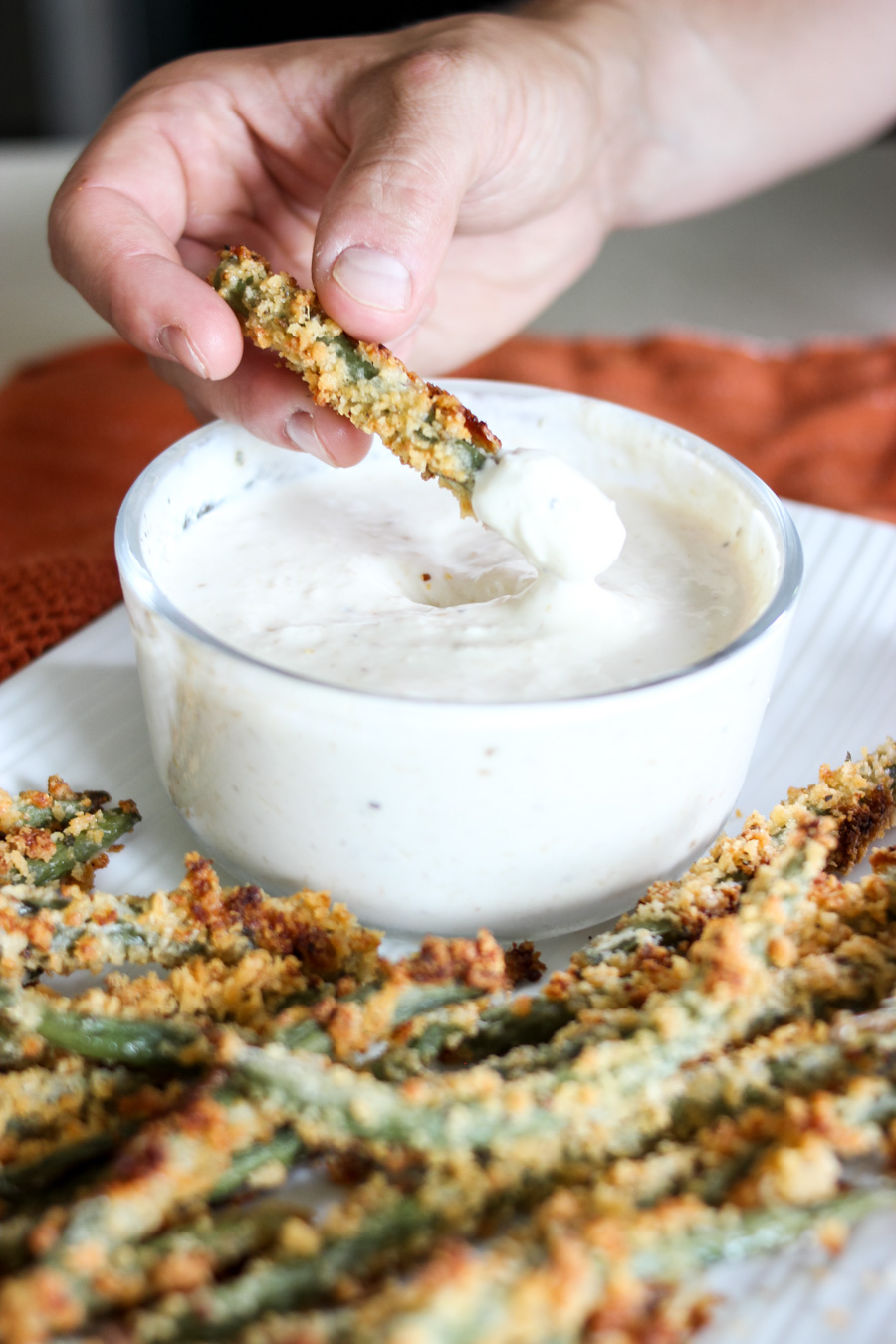 Baked Green Bean Fries with Zesty Horseradish Dipping Sauce